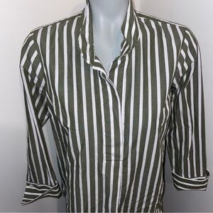 J Jill Button Down Shirt popover banded Mandarin collar cotton green stripe XS